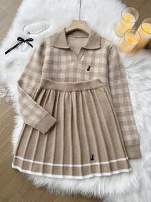 Sparklyn 两件套女童针织套装，粉色可爱刺绣兔子格子毛衣+针织迷你裙，少女长袖V领套头衫，秋冬季休闲优雅风