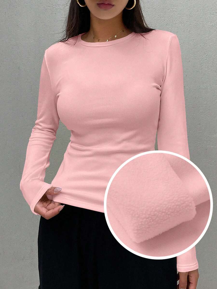FRIFUL Áo thun nữ tay dài dáng ôm cổ tròn màu trơn chất liệu len Raglan ấm áp - Hồng - Xem 1
