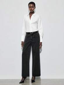 Maija Quần jeans ống rộng dáng rộng có túi thời trang thu đông dành cho nữ, quần ống rộng đi làm thường ngày, màu đen - màu đen - Xem 7