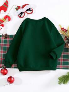 SHEIN 圣诞快乐少女时尚创意可爱圣诞老人、圣诞树、花环、拐杖糖、字母印花圆领卫衣，适合圣诞派对 - 綠色 - 查看 2