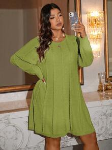 SHEIN LUNE Sukienka damska plus size, luźna, dzianinowa, z okrągłym dekoltem i długim rękawem, jesień/zima - Zielony - Zobacz 5