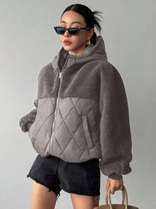 DAZY 女款秋冬拼接千鸟格短款羊毛夹棉大衣 - 深灰色 - 查看 4