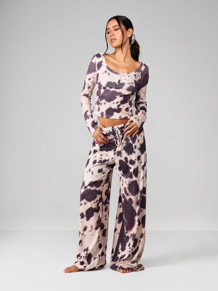 MISSGUIDED Women Cow Print Pajama Set Long Sleeve Crop Top Wide Leg Pants Sleepwear Lounge Set