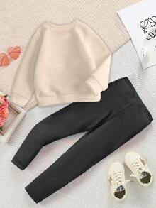 舒适秋冬装/女婴休闲时尚创意个性清新简约可爱小猫蝴蝶结爱心印花宽松圆领卫衣和打底裤两件套，舒适套装，适合2岁女童冬季穿着，女婴冬季服装，女婴套装，女婴卡通服装，女婴春秋装 - 彩色 - 查看 4