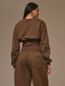 MUSERA V Neck Cinched Waist Long Sleeve Jumper Top Cool Girl, Streetstyle, Cute, , , Winter - Coffee Brown - View 4