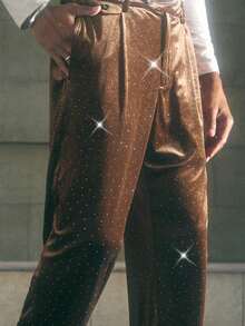 AKNOTIC Men's Solid Color Rhinestone Embellished Pleated Straight Leg Casual Pants - Gold - View 4