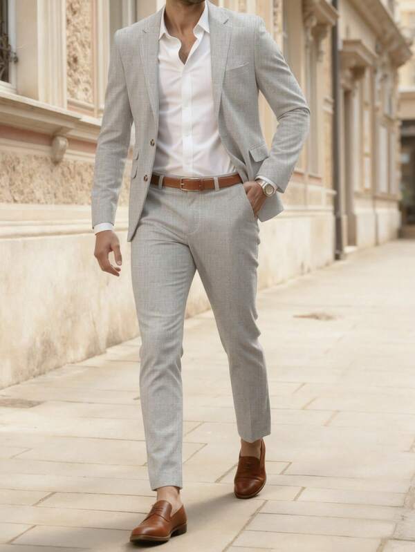 Manfinity Bizformal Conjunto de traje casual de chaqueta de manga larga con cuello de solapa y pantalones para hombre