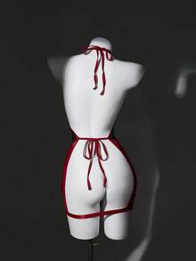 SHEIN Váy ngủ ôm sát cổ yếm thiết kế chắp vá khoét hở gợi cảm dành cho nữ - Màu Đỏ Sâu - Xem 2