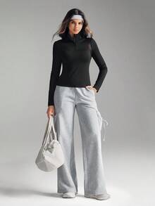 SHEIN Sports Women's Letter Print Long Sleeve Zip-Up Half Placket Fitted Sweatshirt Long Sleeve Active Wear - Black - View 5