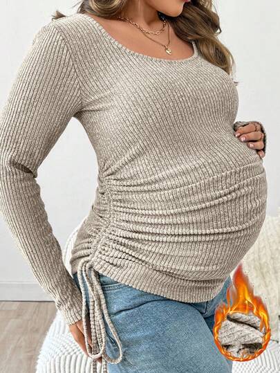 SHEIN Gravidtopp i plusstorlek med enfärgad rund halsringning och långärmad ribbad topp med dragsko i sidan