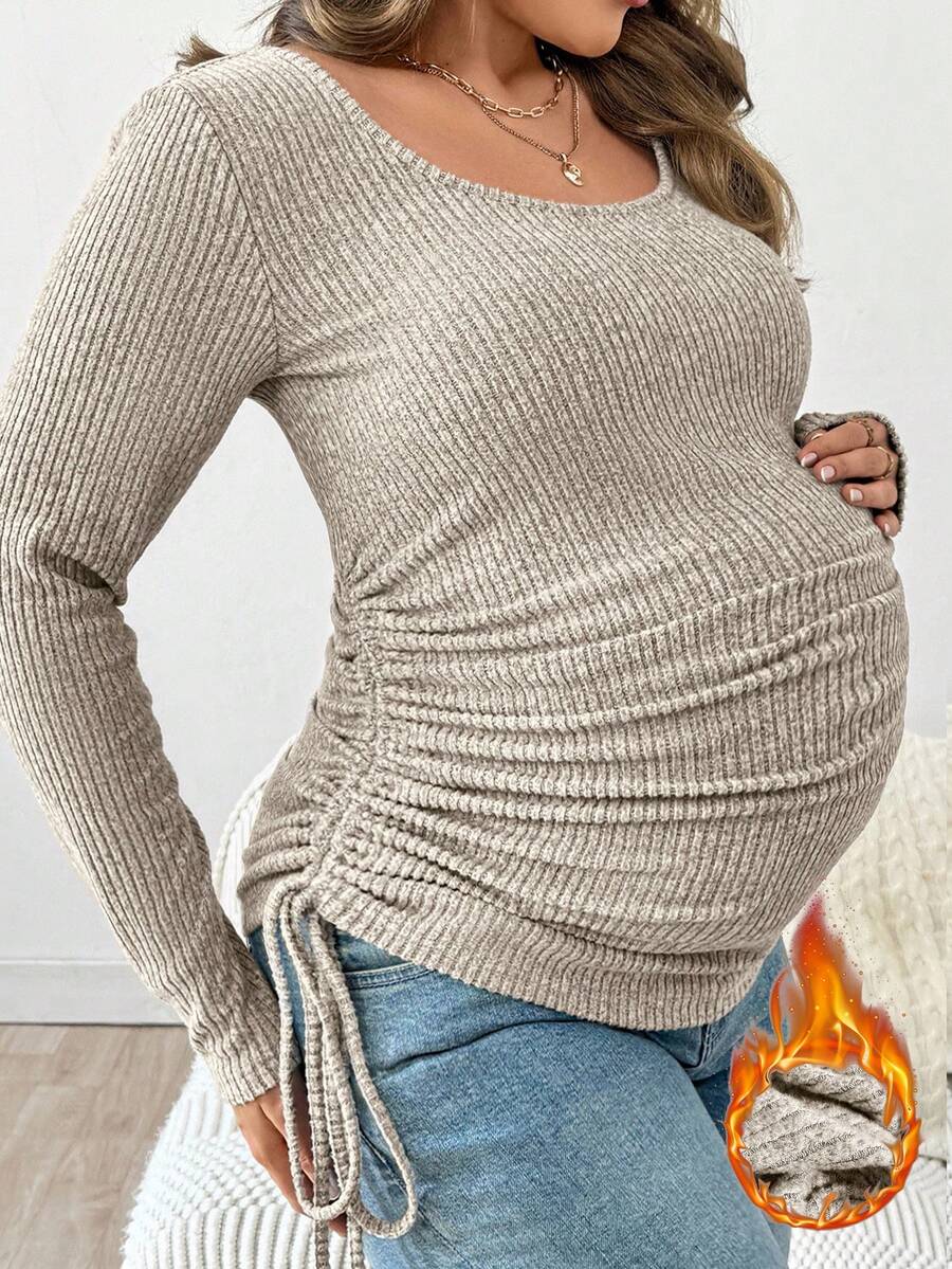 SHEIN Maternity Plus Size Solid Color Round Neck Long Sleeve Side Drawstring Ribbed Top Maternity Top Pregnancy Clothes Long Sleeve Top Pregnant Outfits