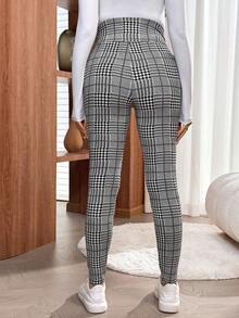 SHEIN Adjustable Waist Maternity Skinny Pants With Button Design, Houndstooth Pattern 2 Piece Maternity Set Maternity Leggings 2 Piece Sets Woman Pregnancy Maternity Clothes Nanny Pregnancy Pants - Black and White - View 2