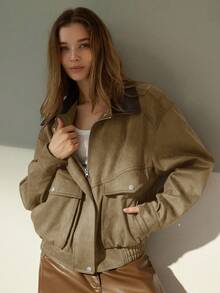 Aveloria Modichic Nueva chaqueta con cremallera de cuello de gamuza de alta calidad, diseño sencillo, para mujer - Caqui - Ver 5