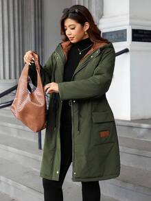 EMERY ROSE Fashionable Casual Retro Elegant Comfortable Contrast Color Patchwork Waist Cinched Padded Coat - Army Green - View 4