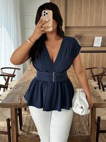 Weeklong Damen Große Größen Sommer einfarbiges Hemd mit Tunnelzug-Taille und Fledermausärmeln