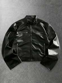 ROMWE MEN Street Life Chaqueta casual de manga larga con cremallera delantera de unicolor y de cuero sintético holgada para hombres - Negro - Ver 1