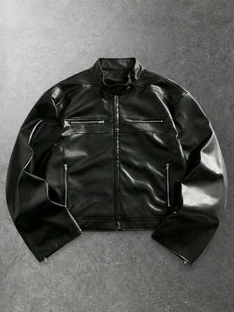 Street Life Men's Loose Solid Color PU Leather Zip Front Casual Jacket