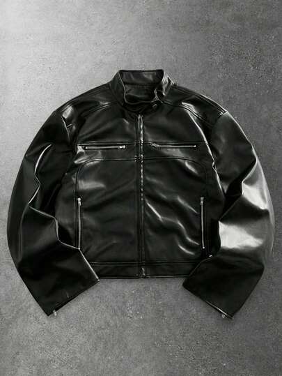 Street Life Veste décontractée à fermeture éclair en PU de couleur unie pour hommes