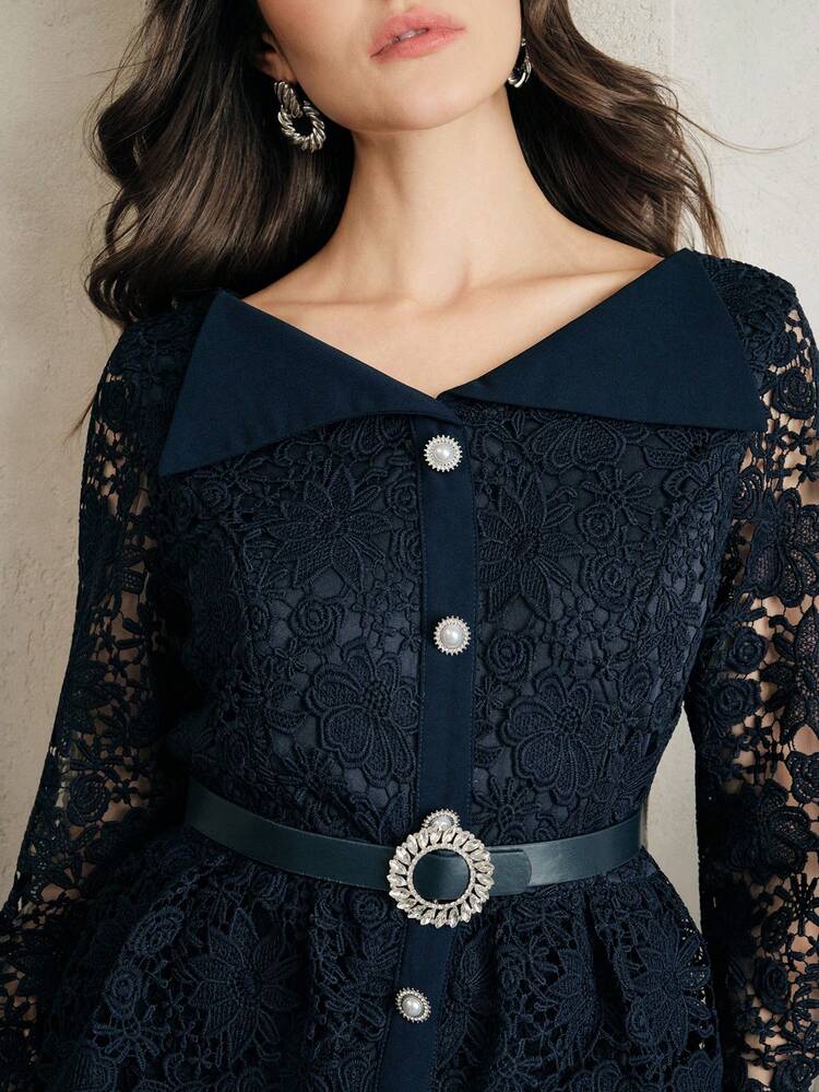 Sophisticated Navy Blue Lace Long Sleeve Midi Dress For Women Featuring Ruffle Details