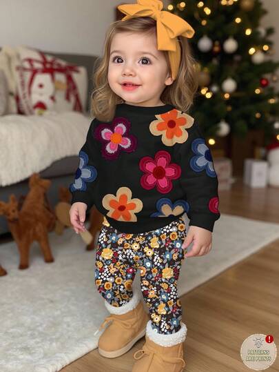 Babyflicka Casual Söt Texturerad Blommig Mjuk Tjock Rund Halsad Långärmad Tröja & Figursydda Blommiga Leggings Set, Lämplig För Höst/Vinter