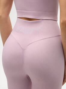 Gameset SHEIN Sport 女士纯色圆领插肩袖T恤和紧身裤运动套装 - 粉色 - 查看 6