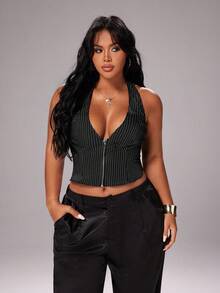 Rustia 女士吊带条纹拉链系带背心，适合日常穿着、夏季穿着，性感百变，Y2K风格，街头风，通勤族必备。 - 黑色 - 查看 4