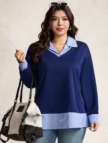 Zelara 大码女式撞色衬衫领二合一上衣，适合感恩节、新年、冬季派对、舒适秋冬以及圣诞节穿着。