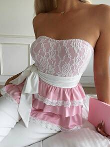 CovetEZ 优雅撞色蕾丝拼接荷叶边抹胸上衣，夏季 - 粉色 - 查看 5