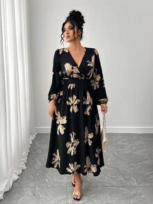 SHEIN PETITE CURVE 大码女式V领交叉长袖收腰A字优雅印花连衣裙，秋冬款 - 彩色 - 查看 1