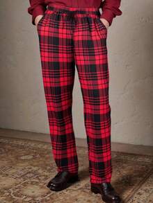 Manfinity NXTstreet 男士休闲格子印花抽绳裤，圣诞节黑色和红色法兰绒裤，冬季 - 紅色 - 查看 2