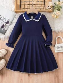 Elladie kids Young Girl's Casual Collegiate French Chic Peter Pan Collar High-End Dress, Suitable For Spring And Autumn