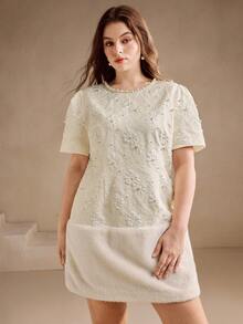 Anewsta Plus Size Solid Color 3D Floral Textured Jacquard Pearl Hem Patchwork Round Neck Dropped Shoulder Puff Sleeve A-Line Mini Dress