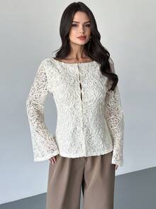 Firerie 女士优雅精致浪漫约会通勤新款纹理面料长袖杏色衬衫，秋冬款 - 杏色 - 查看 3