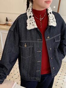 Dazy Plus Plus Size Women Contrast Color Leopard Print Lapel Pocket Long Sleeve Denim Jacket, Loose Fit, Spring/Autumn - Black - View 5