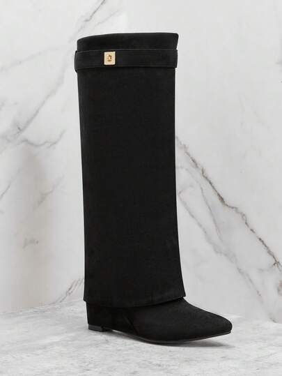 SHUZIA Moderiktiga och bekväma stövlar med spetsig tå i konstmocka och hög klack, vik över knäna för kvinnor