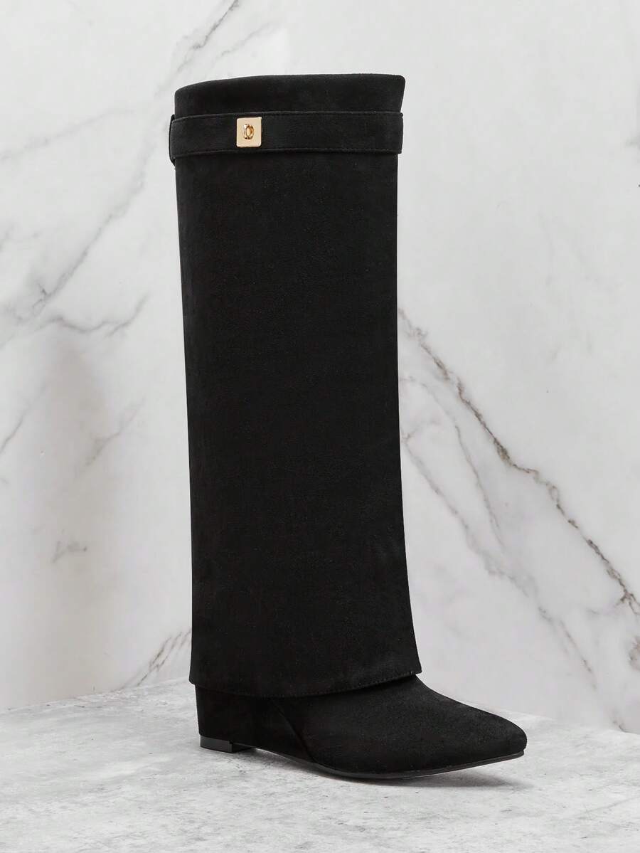 SHUZIA Women's Fashionable Comfortable Point Toe Faux Suede Fold Over Knee High Wedge Heel Boots For Christmas