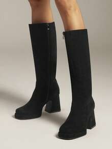 Solezae Women's Fashionable Sexy Faux Suede Platform Knee-High Boots - Black - View 2