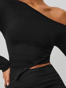 Hauture Lowkey Demure Sexy Casual Asymmetrical One Shoulder Long Sleeve Buttoned Top - Black - View 4