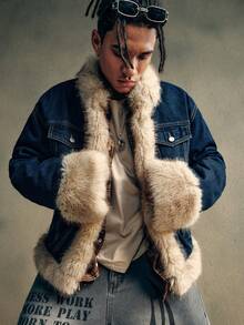 AXEPEAK Men's Washed Jacket, Fluffy Patchwork, Fashion Lapel Collar Bomber - Blue - View 3