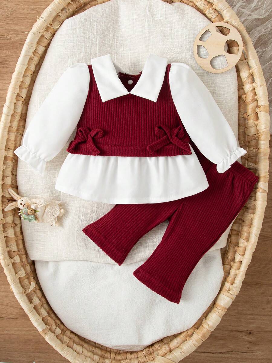 SHEIN Set de 2 piezas Conjunto informal para bebé niña recién nacida, blusa de parche con cuello y pantalones holgados de punto, simple y de moda - Burdeos - Ver 1