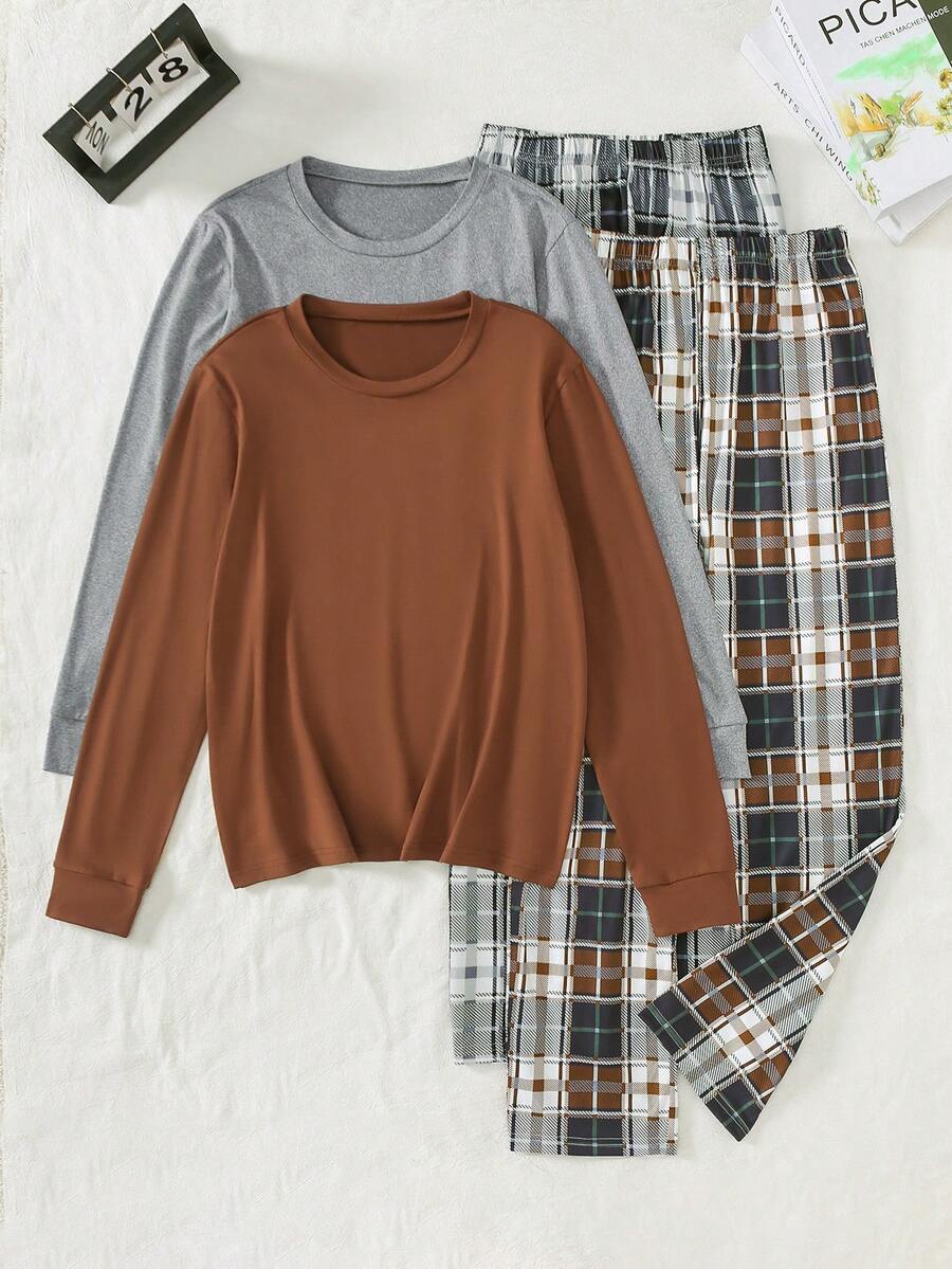 SHEIN 2 Sets Boy Pajamas, Featuring Light Gray & Navy Blue Long Sleeve Tops With Gray & White Plaid, And Navy Blue Loose Fit Pants, Stretchy Knit Fabric, Machine Washable, Comfortable Fit, Family Matching Outfits (2 Sets Sold Separately) - Multicolor - View 1