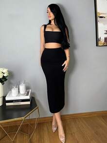 Vassilux Elegant Solid Color High Waist Slim Fit Skirt, Suitable For Commuting - Black - View 4