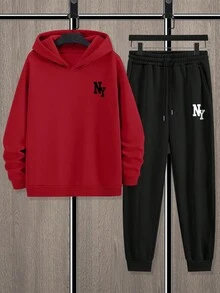 Manfinity Homme 男士休闲纽约字母印花套头连帽卫衣和运动裤套装（2件），适合秋冬季节穿着，带保暖内衬 - 彩色 - 查看 3