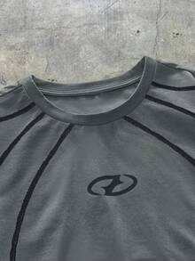 AXEPEAK 男式图案印花撞色边圆领休闲长袖 T 恤 - 灰色 - 查看 3