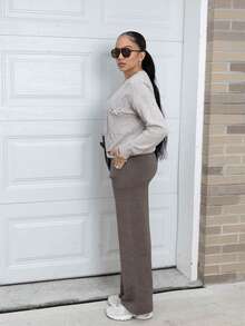 Melissa Matos Knitted Large Pocket Detail Tie Waist Trousers Wide Leg Old Money Summer Beach Airport Fall Back To School Autumn Winter Everyday Christmas Work Office - Brown - View 5