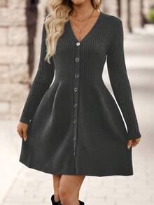 EMERY ROSE 女士休闲纯色V领毛衣连衣裙，秋冬季 - 深灰色 - 查看 6