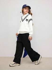 SHEIN بنطلون وبلوزة كاجوال للبنات المراهقات مع تصميم ألوان متباينة وشريطية مع زينة فيونكة، للخريف والشتاء - الأسود - مشاهدة 5