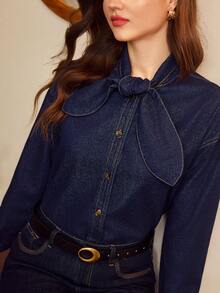 Vintamour 女士休闲牛仔衬衫，打结领口，落肩设计，适合春秋季穿着 - 深色水洗藍 - 查看 7