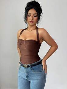 SHEIN Elenzya 新款秋冬百搭棕色性感交叉露背针织短款上衣，独特个性化，修身剪裁，适合派对、情人节、约会、度假等场合。 - 棕色 - 查看 3