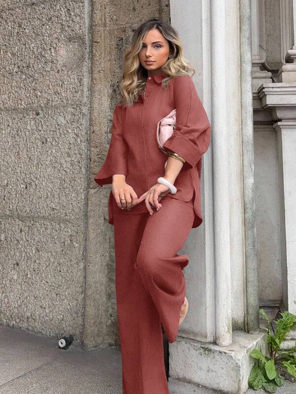 Jeta Ari 2pcs/Set Women Blended Side Slit Loose Shirt And High Waist Wide Leg Pants Elegant Business Casual Women 